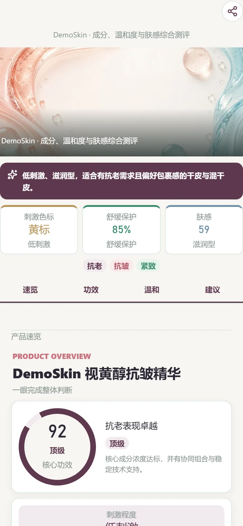 胖肤肤分析报告：刺激色标、舒缓保护、肤感评分与核心功效分，结构化呈现一款精华的完整测评